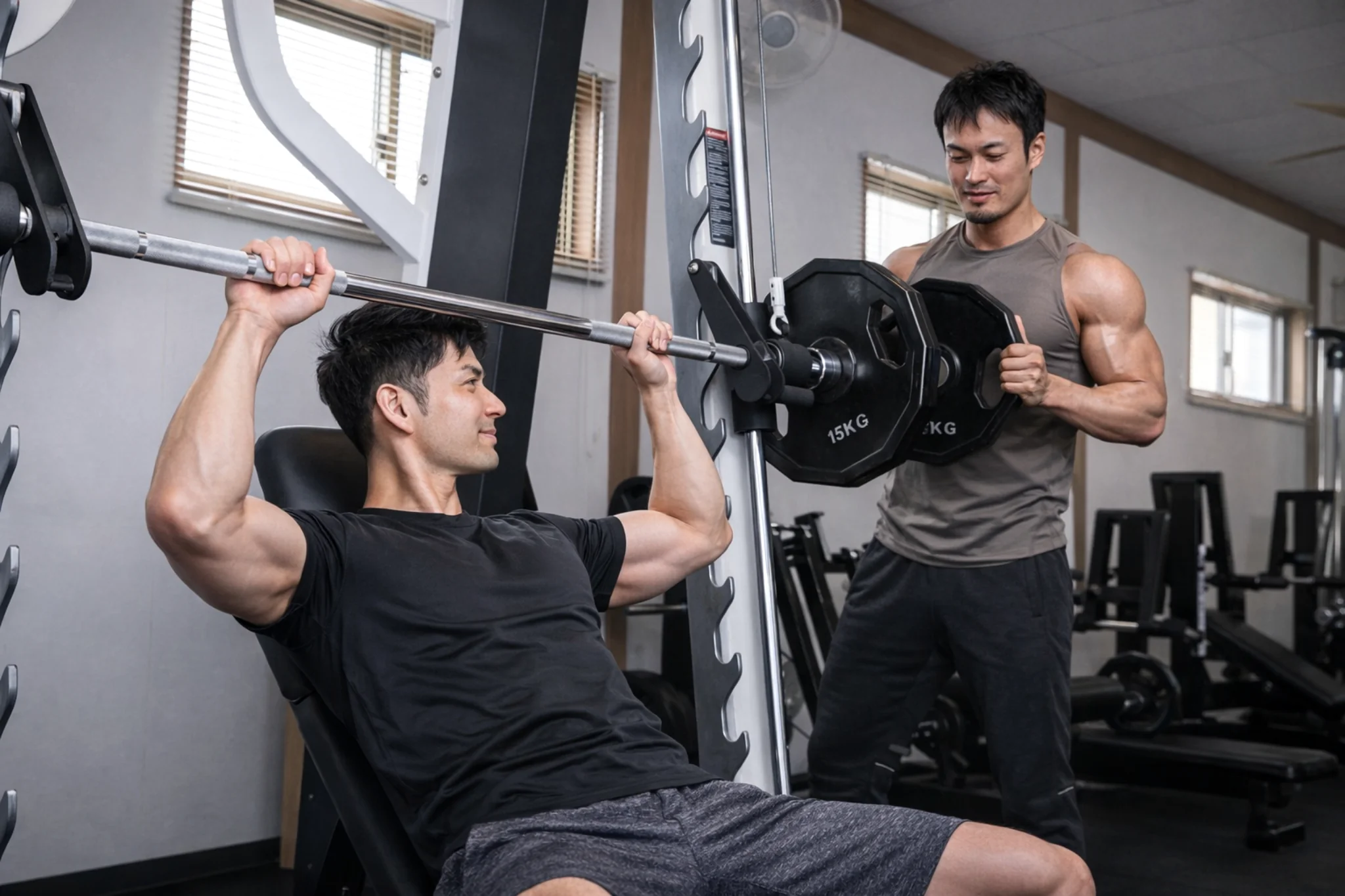 トレーナーが補助しながらベンチプレスを行う様子